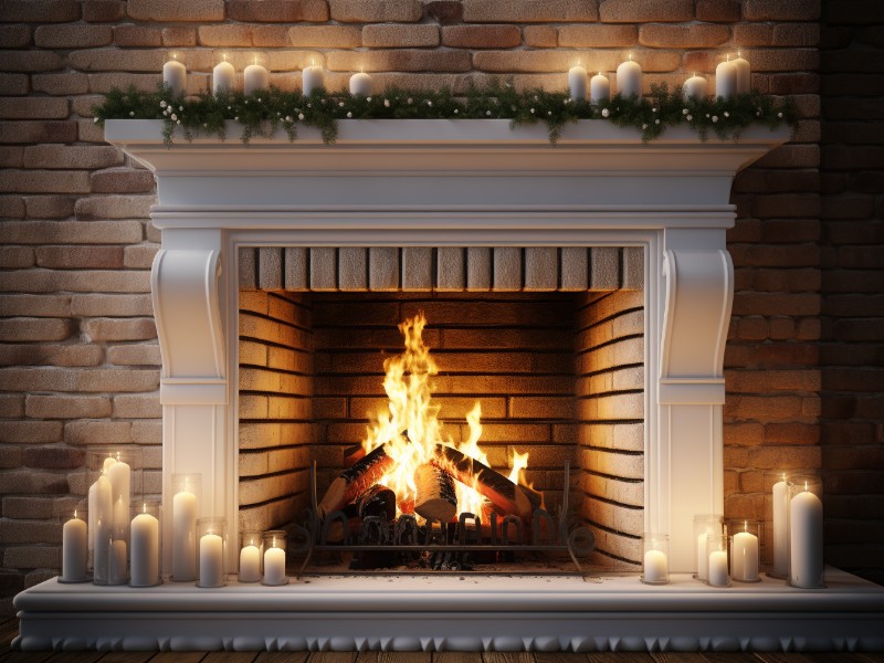 A wood-burning white brick fireplace with brick wall behind the white mantel