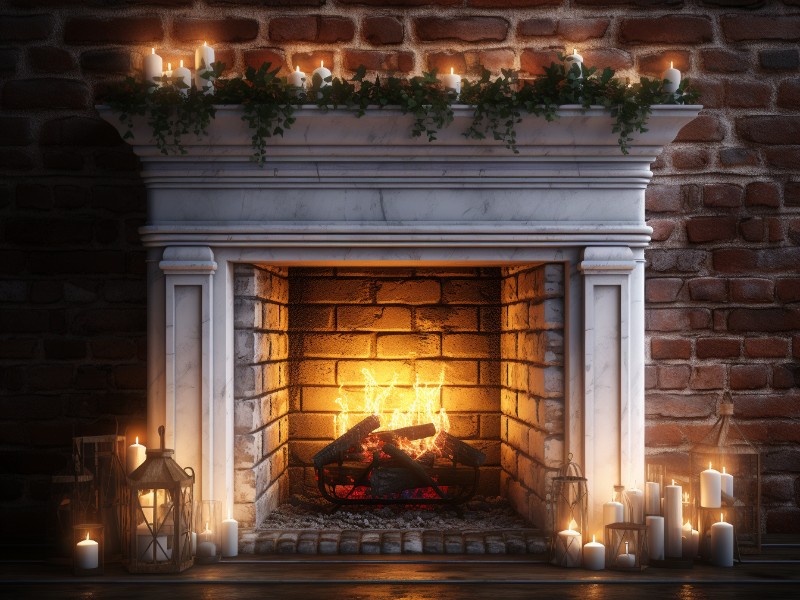 White brick fireplace with decorated mantel