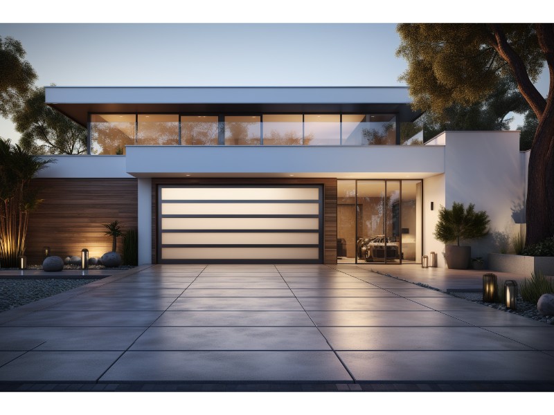 Elegant frosted modern glass garage door adding privacy to a contemporary house.