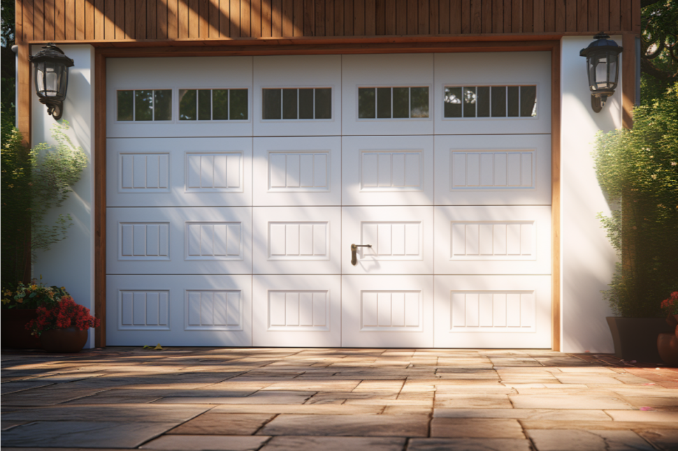 A modern garage door with an integrated pedestrian door set in a residential driveway.