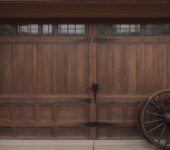 Barn style farmhouse garage door in rustic wood enhancing home exterior.
