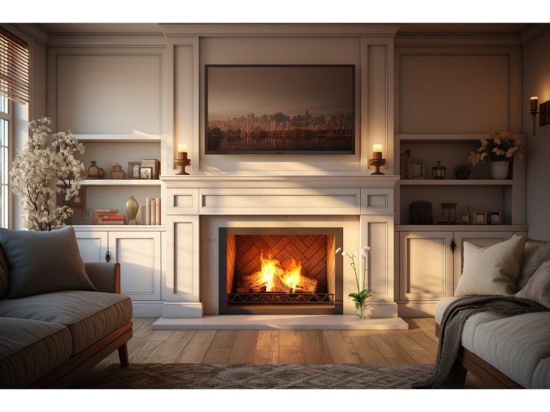 Electric fireplace adorned with minimalist decor and soft lighting.