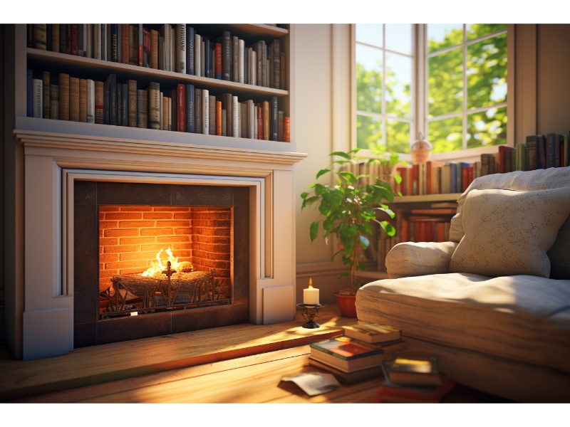 A cozy reading nook with a lit fireplace surrounded by bookshelves, a comfortable armchair, and a stack of books, with sunlight streaming through a nearby window, creating a warm atmosphere.