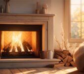 Cozy living room with stacked firewood next to a glowing fireplace, showcasing clever storage ideas.