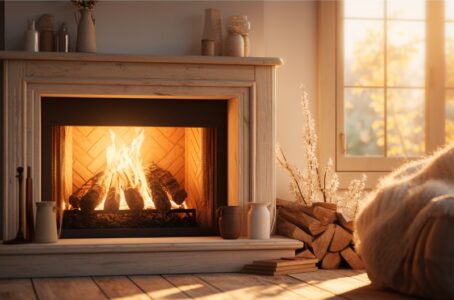 Cozy living room with stacked firewood next to a glowing fireplace, showcasing clever storage ideas.