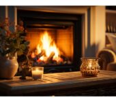 Cozy living room with a fireplace as the main heat source.