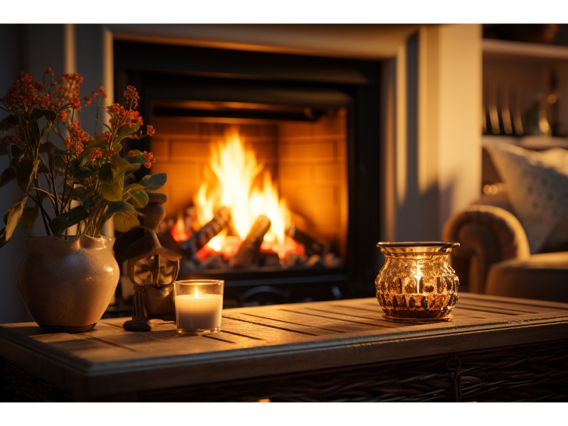 Cozy living room with a fireplace as the main heat source.