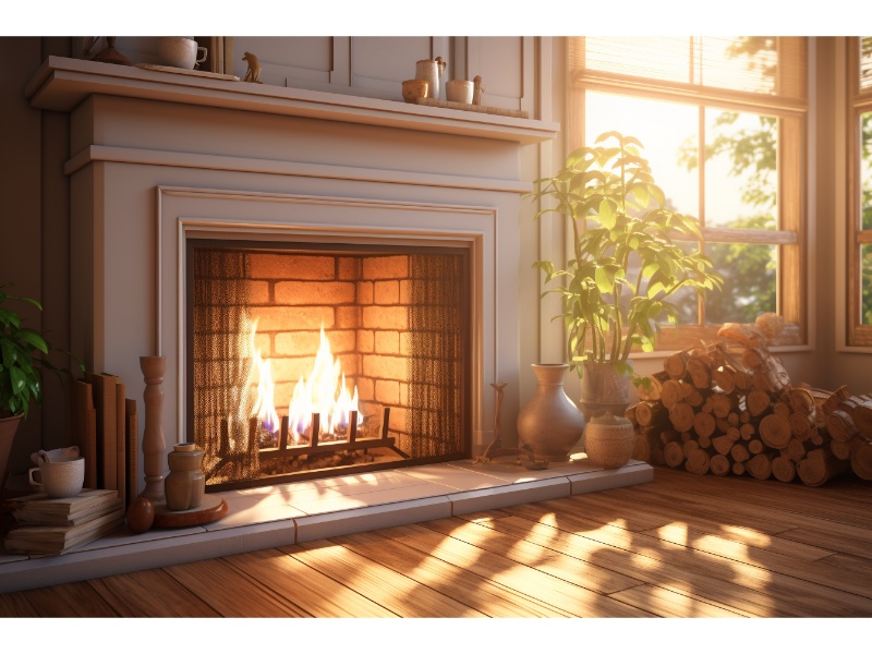 Image of a cozy living room with a gas fireplace lit during a power outage.