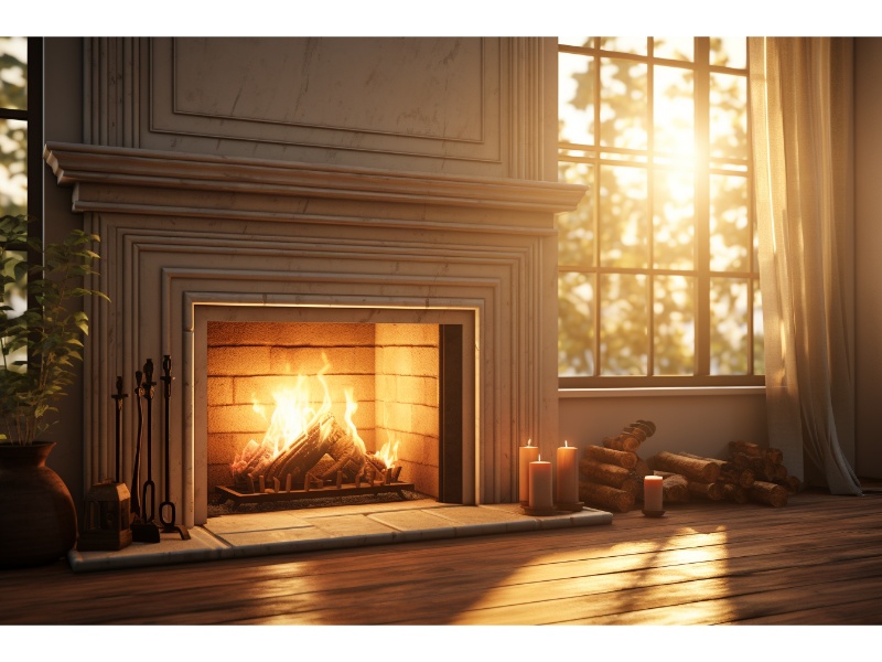 Cozy living room with a fireplace emitting a warm glow.