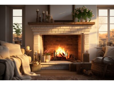 A cozy living room featuring a stylish fireplace surround enhancing the warmth and aesthetics of the space.