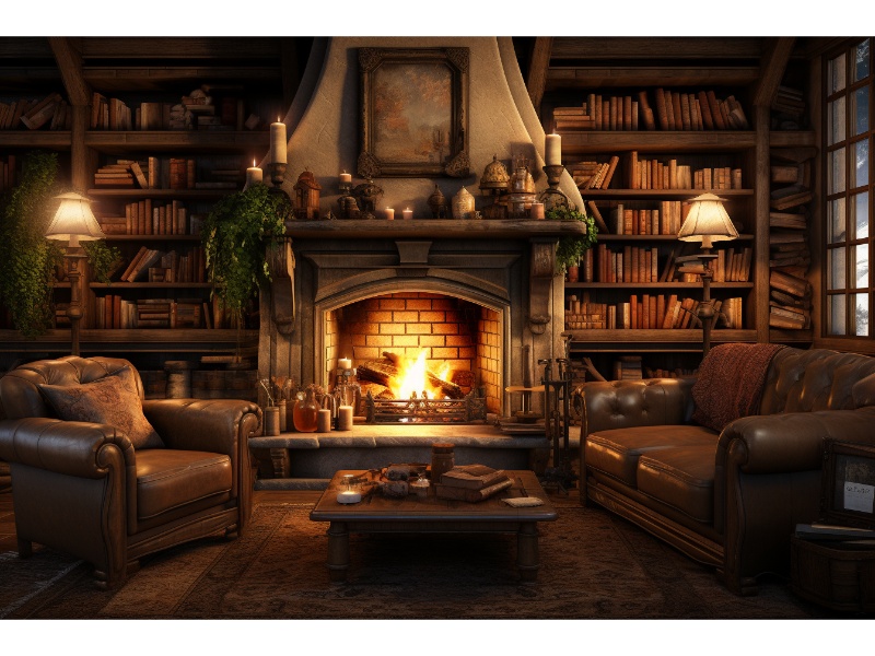 Elegant library featuring a wood-burning fireplace, increasing the home's value.