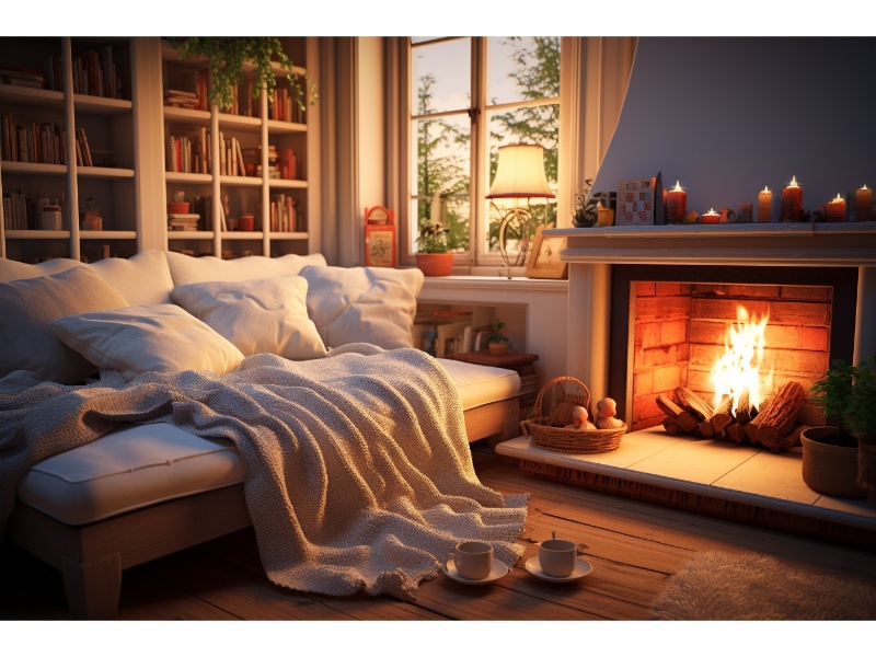 Cozy living room with a blanket to sleep on a couch with a safe fireplace lit for warmth.