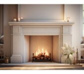 A classic white mantel fireplace with a cozy fire burning, surrounded by elegant decor.