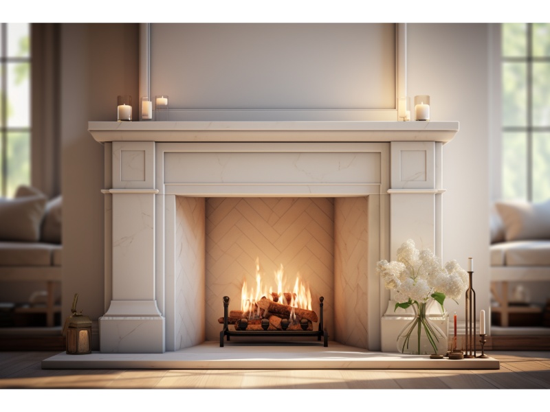 A classic white mantel fireplace with a cozy fire burning, surrounded by elegant decor.