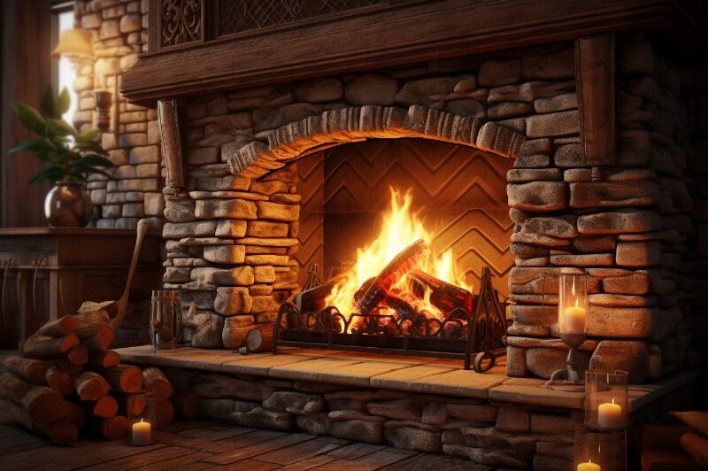 A large stone fireplace with stone hearth and wood mantle.