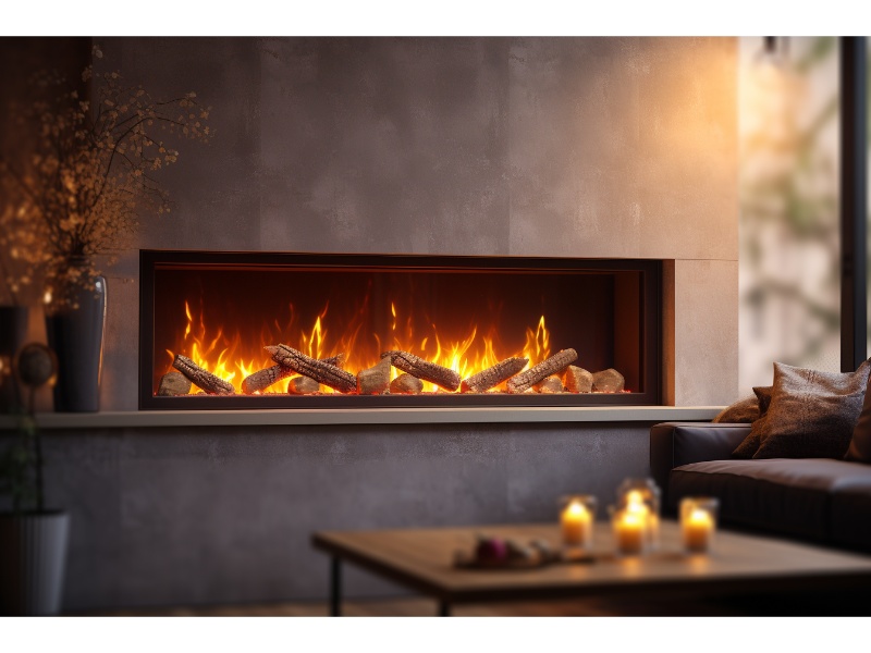 Modern gas fireplace in a living room, showcasing the flame without a chimney