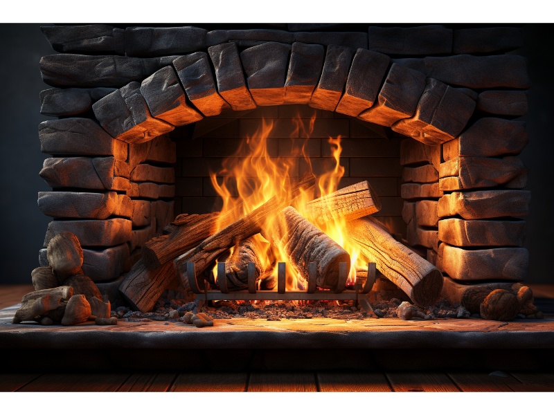 Cozy fireplace with burning wood, providing warmth and ambiance