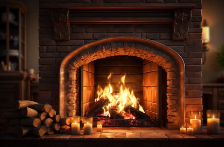 Wood Burning Fireplace built in stone and brick with wood mantle. Wood fire raging with extra logs on hearth.