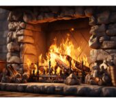 Traditional fireplace with crackling fire, highlighting the heat retention of ashes.