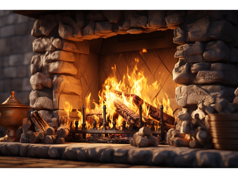 Traditional fireplace with crackling fire, highlighting the heat retention of ashes.