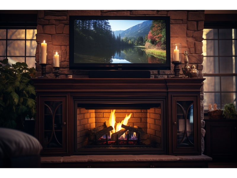 Illustration of a living room with a perfectly sized TV above a fireplace, creating visual harmony.