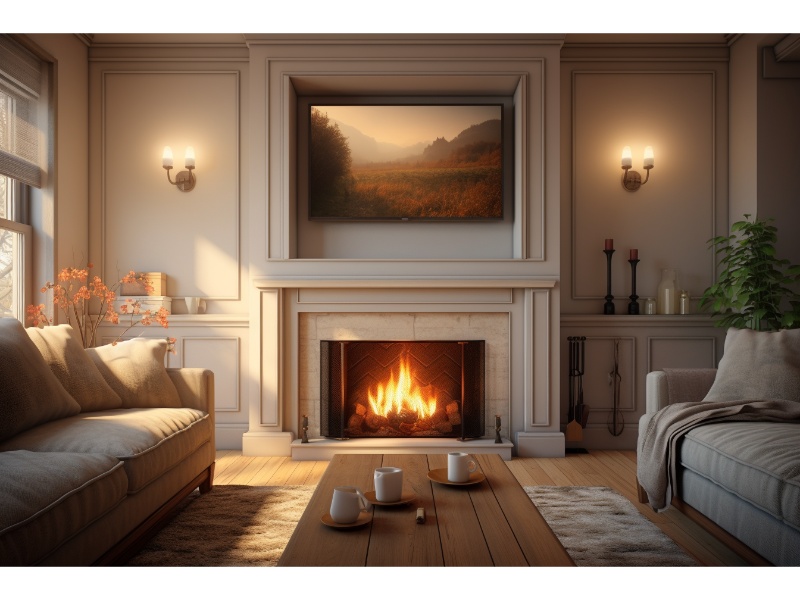Beautiful electric fireplace mounted on a living room wall, providing efficient heating.
