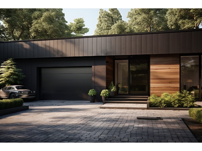 Modern home with sleek black garage doors enhancing curb appeal.