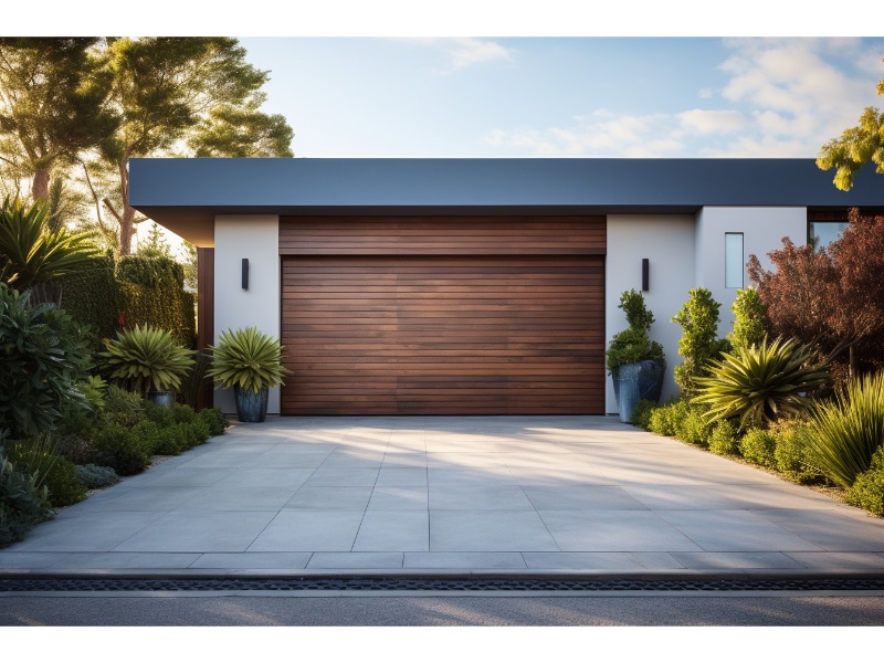 A modern home featuring a sleek residential roll-up garage door.