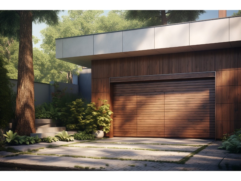 Modern home featuring a sleek and stylish roll-up garage door, enhancing curb appeal.
