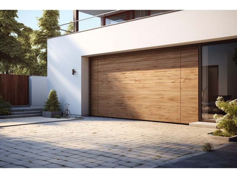 Residential roll-up garage door, enhancing home exteriors with its stylish design.