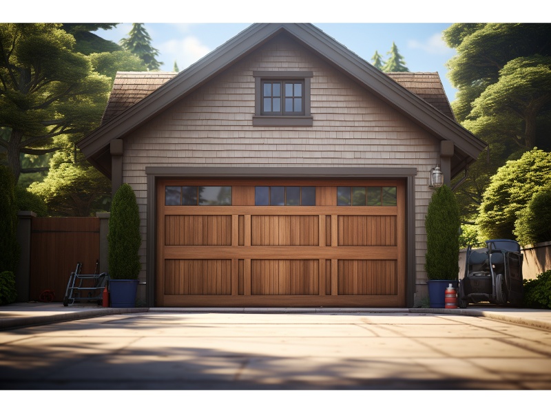 High-quality wood garage door installed on a modern home.
