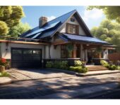 A charming craftsman-style home with a single black garage door, surrounded by lush landscaping, a stone pathway, and bathed in warm sunlight.