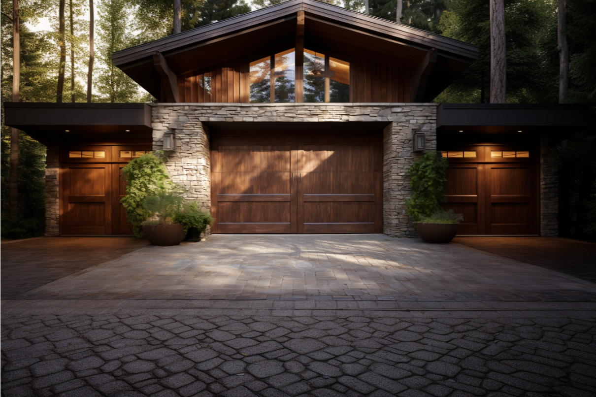 Elegant wood garage door enhancing a home's curb appeal.