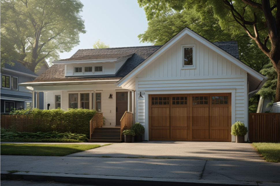 Warm wood composite 9x7 garage door, blending seamlessly with traditional home exteriors.