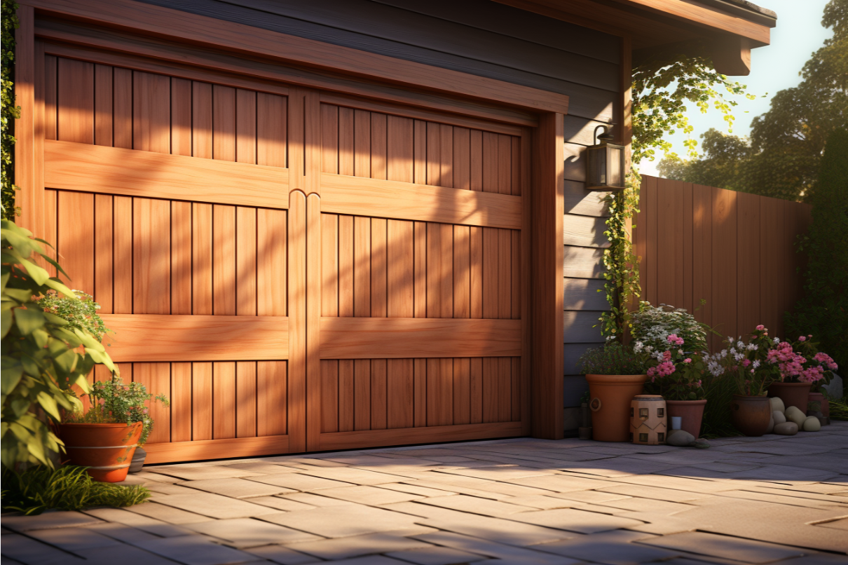 Close-up view of the detailed craftsmanship on a custom wood garage door, featuring elegant wood grains and finishes.