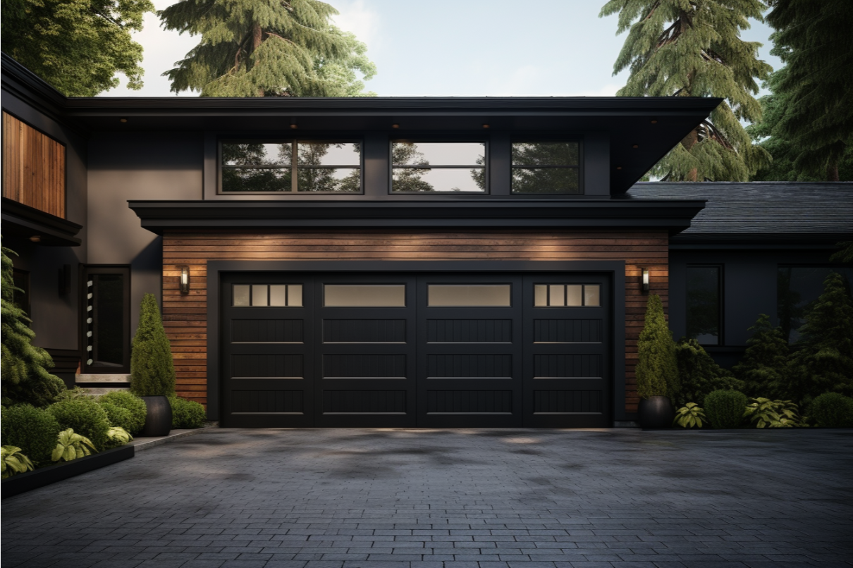 Modern black garage door with rectangular windows on a residential home.