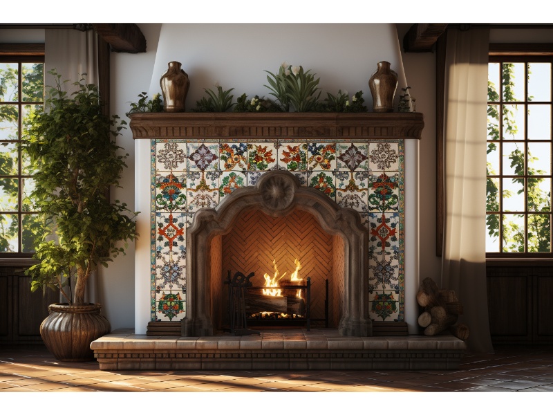 Fireplace with freshly painted tiles, highlighting the aesthetic enhancement achieved with heat-resistant tile paint