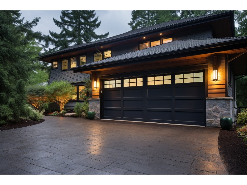 Modern home exterior featuring sleek black garage doors with rectangular windows.