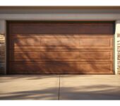 A beautiful wooden garage door on a home, showcasing its design and highlighting factors that affect the overall cost.