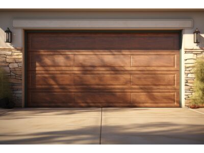 A beautiful wooden garage door on a home, showcasing its design and highlighting factors that affect the overall cost.