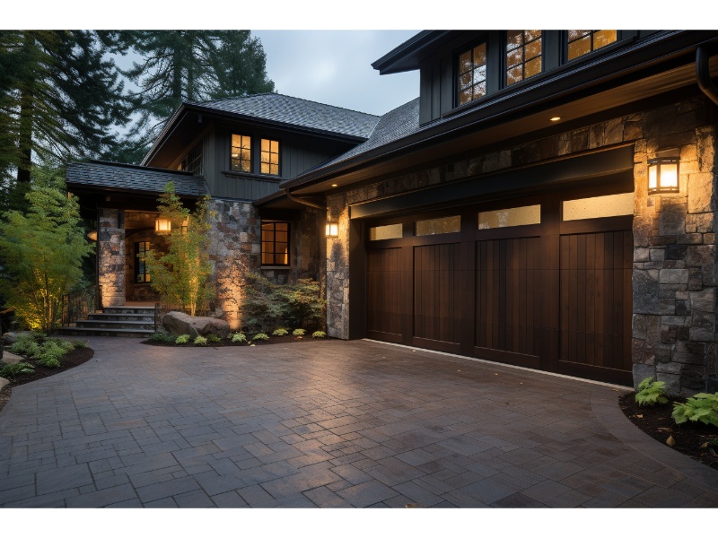 Raynor garage door with a fully functional light illuminating the area.