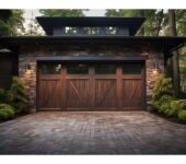 Rustic wooden garage door on a stone-clad home, highlighting the importance of regular servicing to ensure safety and smooth operation.