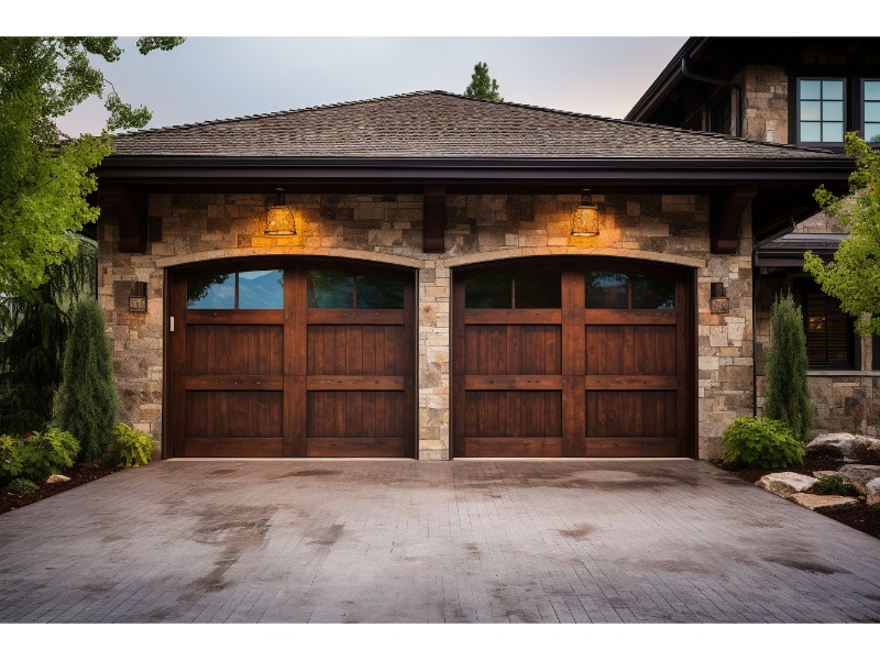 Garage door equipped with impact-resistant glass panels for enhanced security.