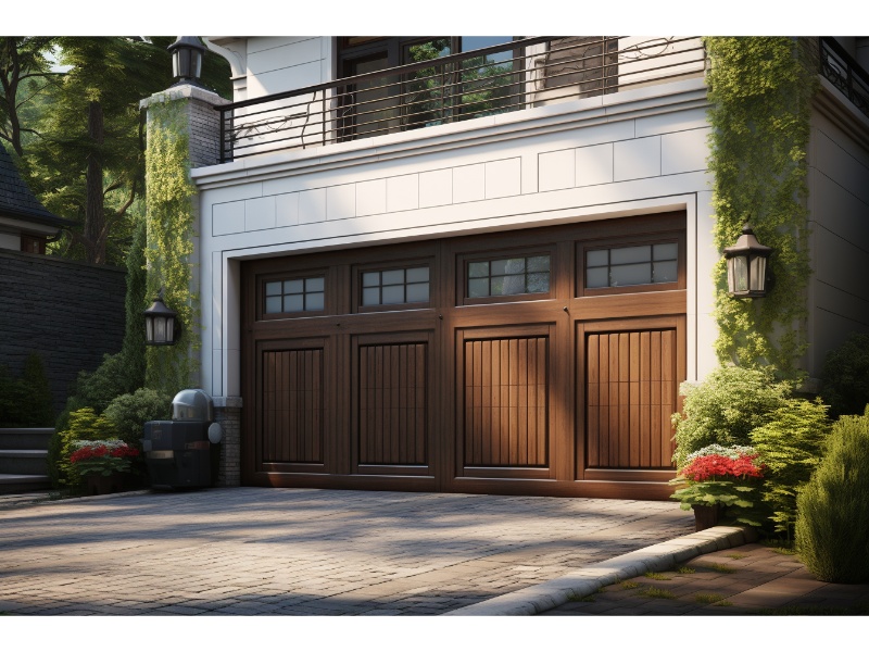 Modern home with sleek garage door style windows enhancing curb appeal.