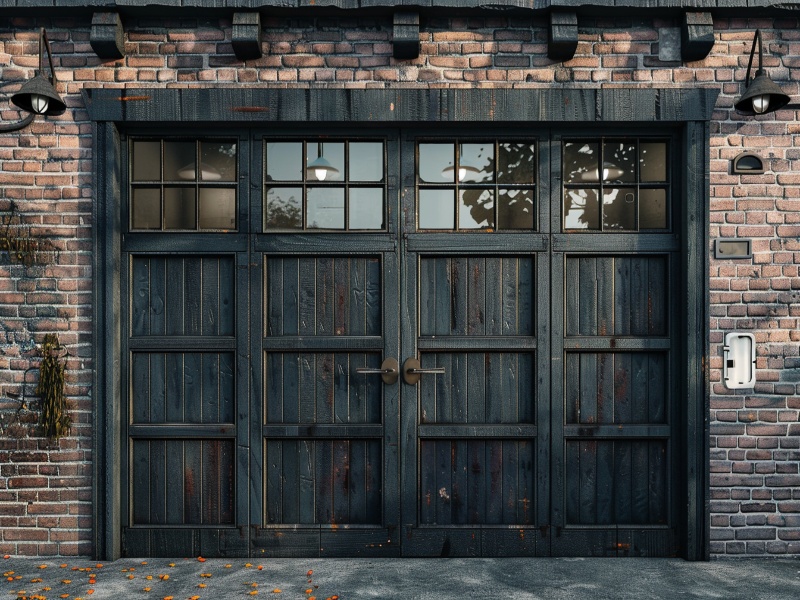 Classic black wood garage door with windows enhancing traditional home architecture.