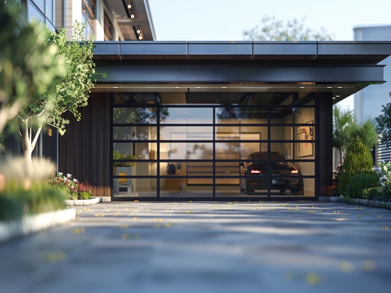 Modern home with a sleek aluminum glass garage door, enhancing curb appeal.