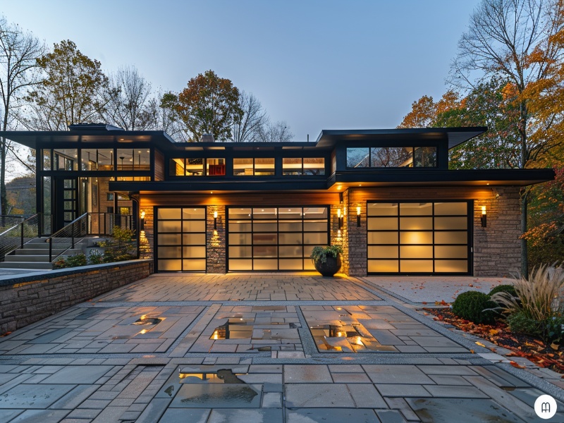 Custom-designed glass panel garage door adding sophistication to home architecture.