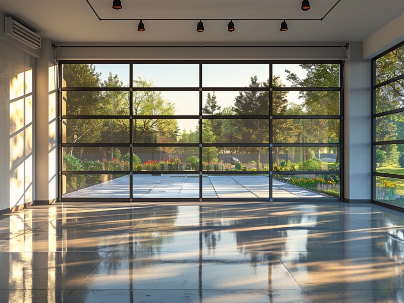 Sunlight filtering through the clear panels of a glass window garage door, brightening the interior garage space.