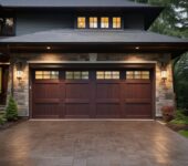 Modern garage door with clear glass windows for natural light.