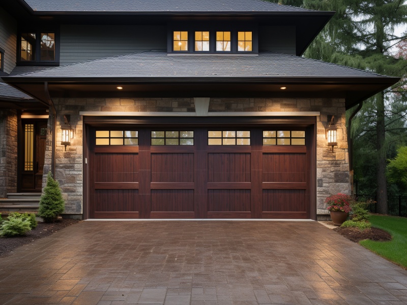 Modern garage door with clear glass windows for natural light.